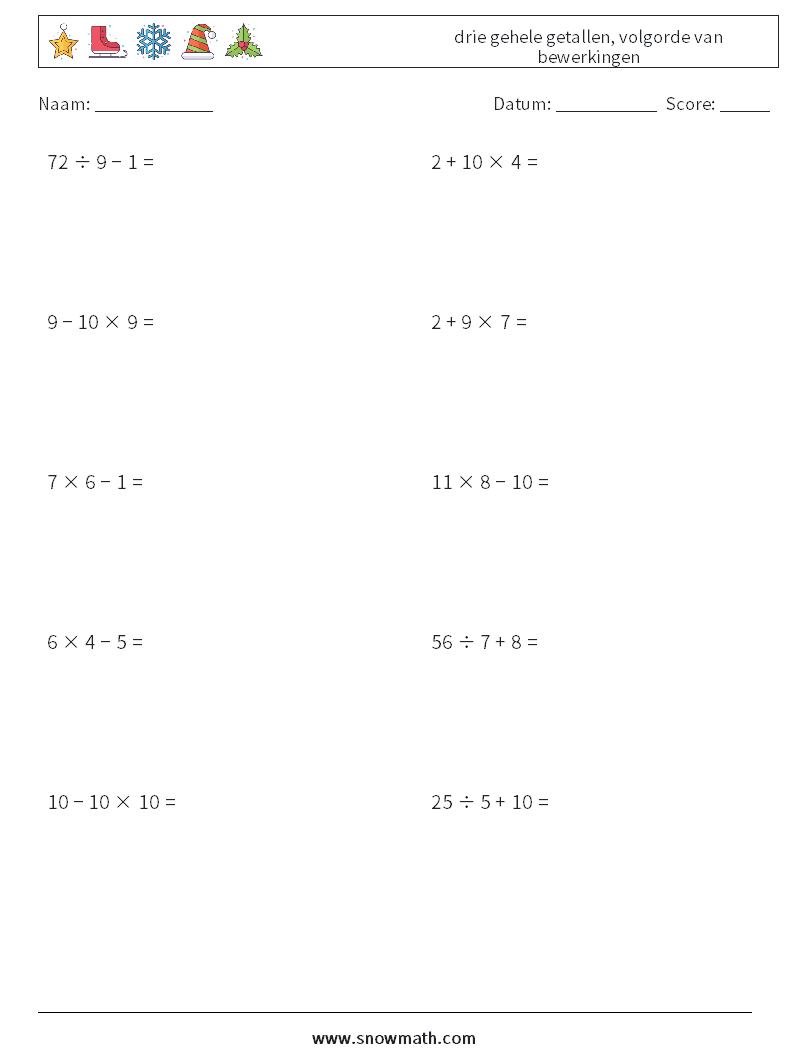 (10) drie gehele getallen, volgorde van bewerkingen Wiskundige werkbladen 15