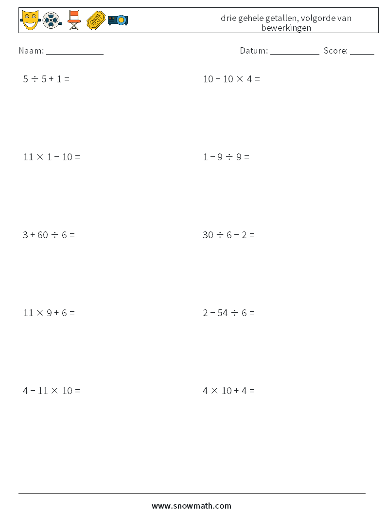 (10) drie gehele getallen, volgorde van bewerkingen Wiskundige werkbladen 16