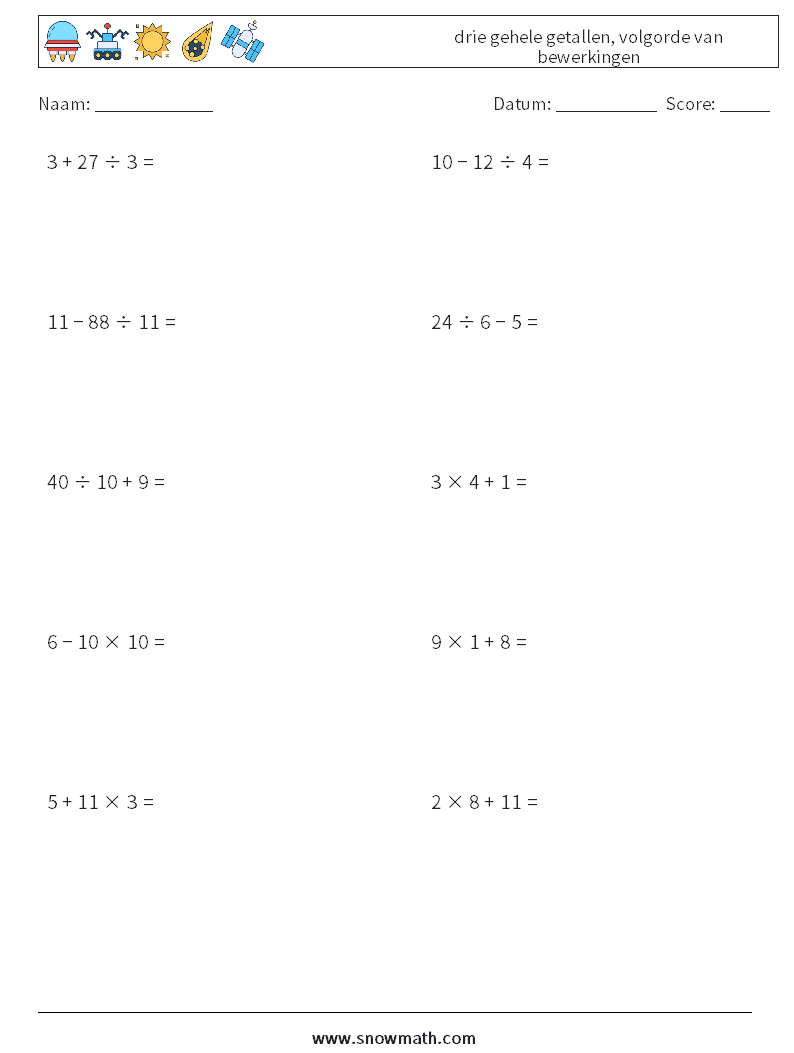 (10) drie gehele getallen, volgorde van bewerkingen Wiskundige werkbladen 18