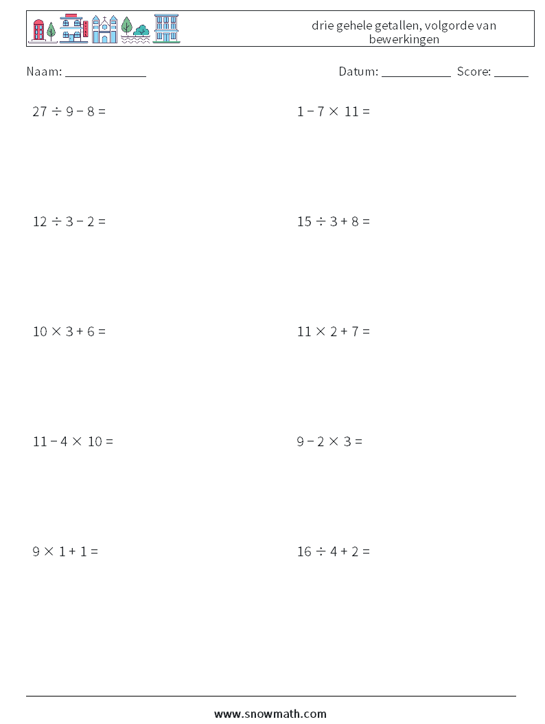 (10) drie gehele getallen, volgorde van bewerkingen Wiskundige werkbladen 2