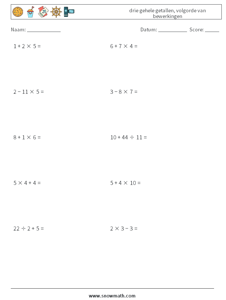 (10) drie gehele getallen, volgorde van bewerkingen Wiskundige werkbladen 3