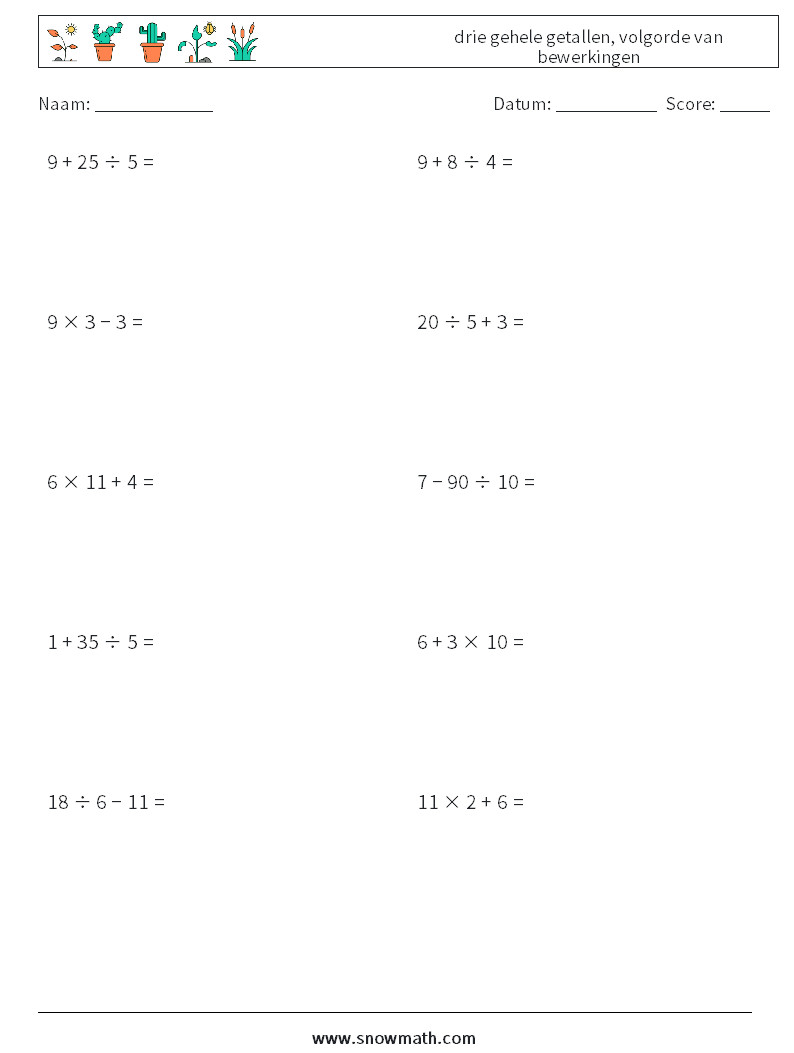 (10) drie gehele getallen, volgorde van bewerkingen Wiskundige werkbladen 7
