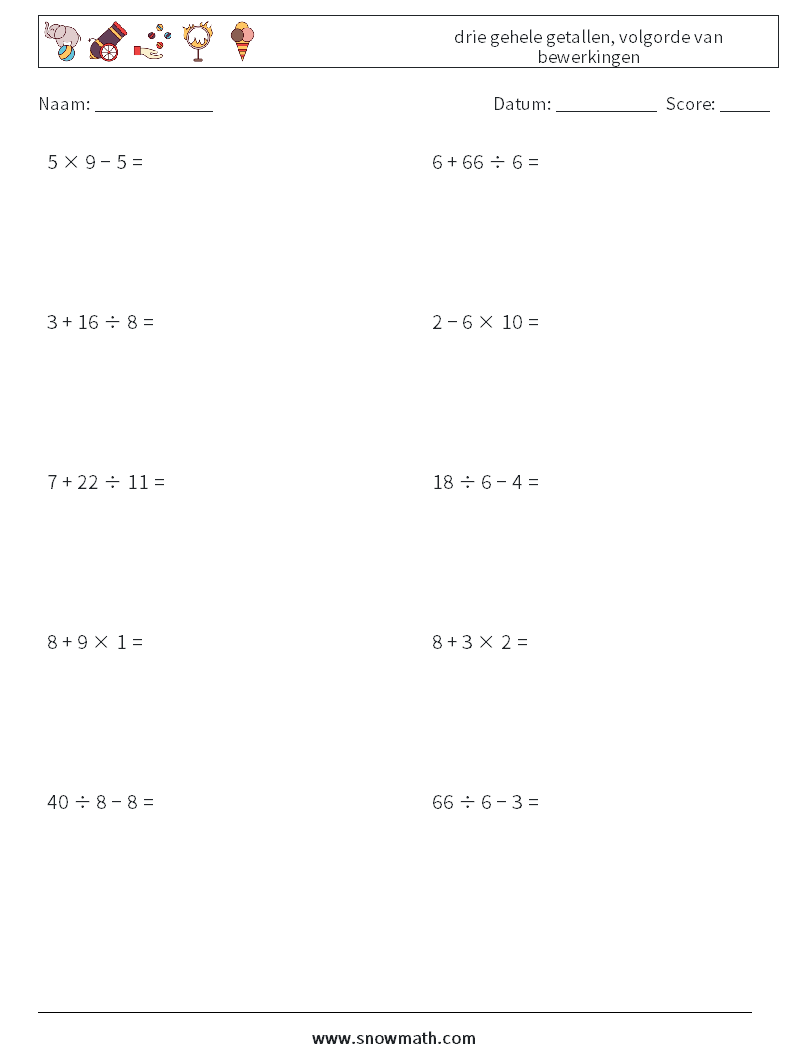 (10) drie gehele getallen, volgorde van bewerkingen Wiskundige werkbladen 9