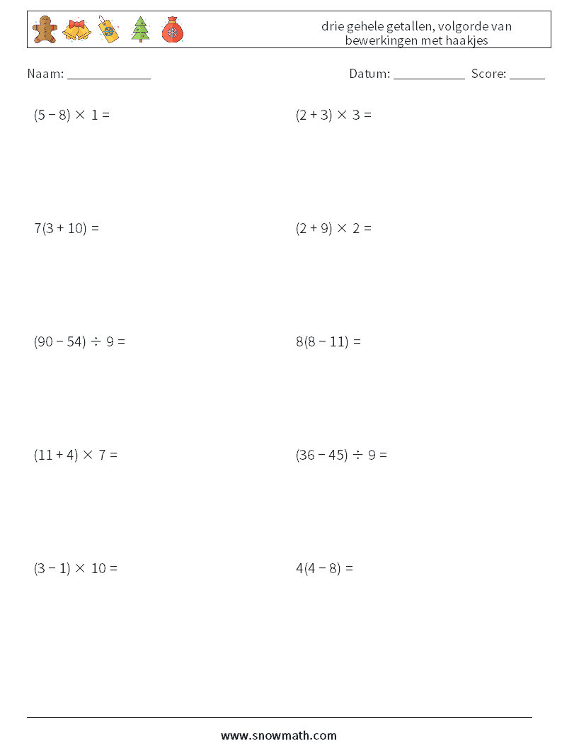 (10) drie gehele getallen, volgorde van bewerkingen met haakjes Wiskundige werkbladen 10