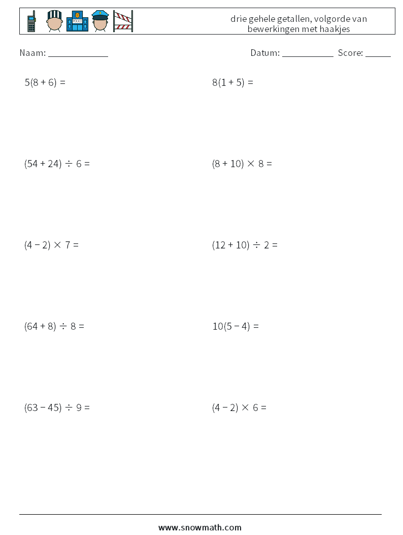 (10) drie gehele getallen, volgorde van bewerkingen met haakjes Wiskundige werkbladen 13