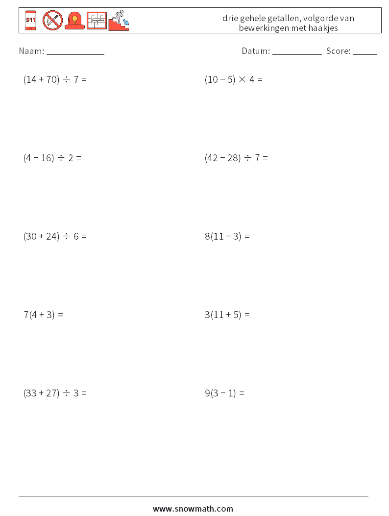 (10) drie gehele getallen, volgorde van bewerkingen met haakjes Wiskundige werkbladen 15