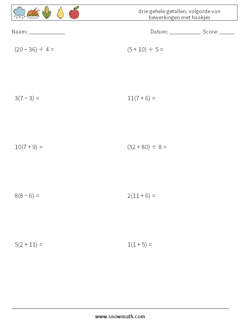 (10) drie gehele getallen, volgorde van bewerkingen met haakjes Wiskundige werkbladen 8