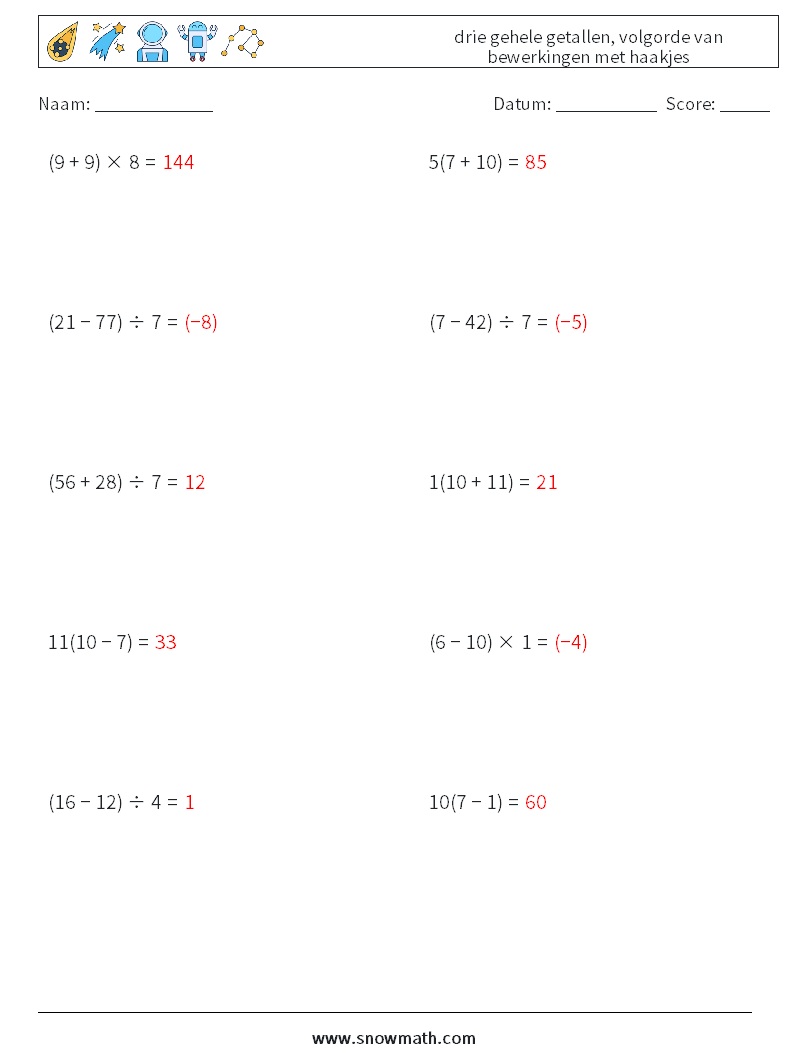(10) drie gehele getallen, volgorde van bewerkingen met haakjes Wiskundige werkbladen 9 Vraag, Antwoord