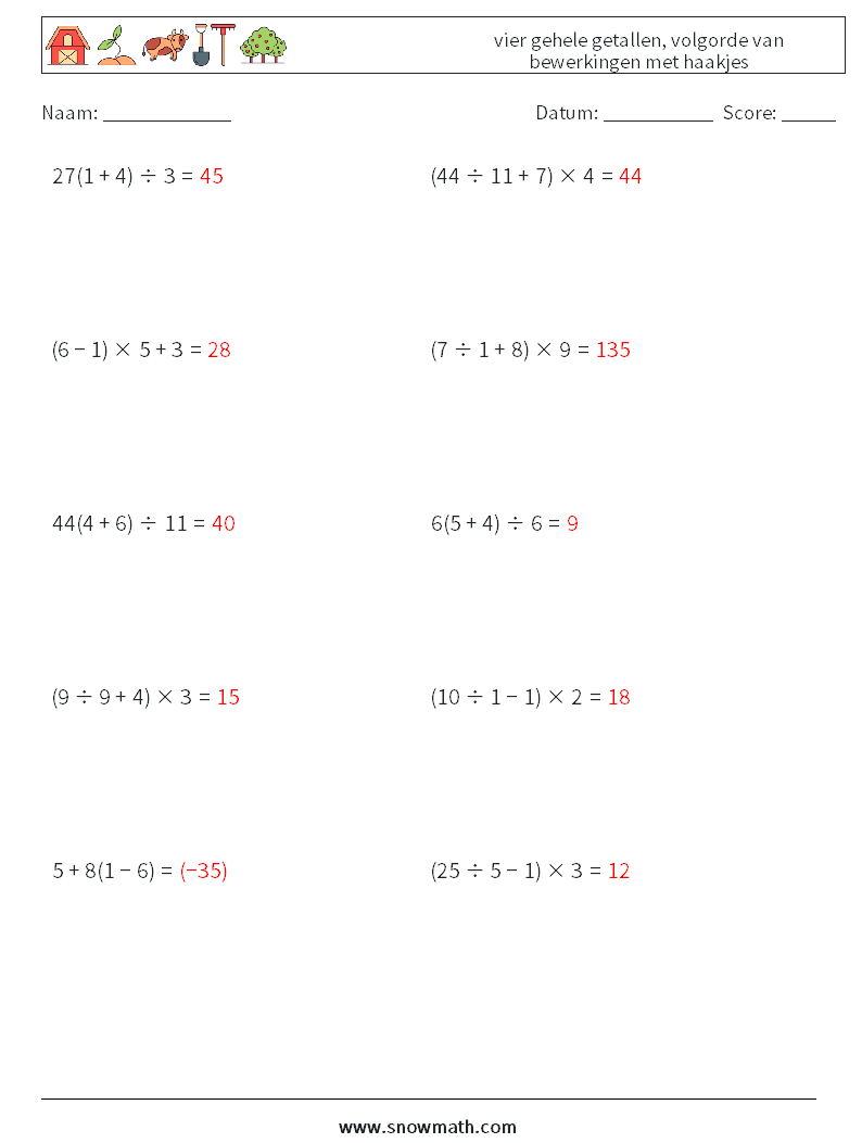 (10) vier gehele getallen, volgorde van bewerkingen met haakjes Wiskundige werkbladen 11 Vraag, Antwoord