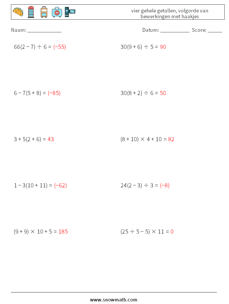(10) vier gehele getallen, volgorde van bewerkingen met haakjes Wiskundige werkbladen 17 Vraag, Antwoord