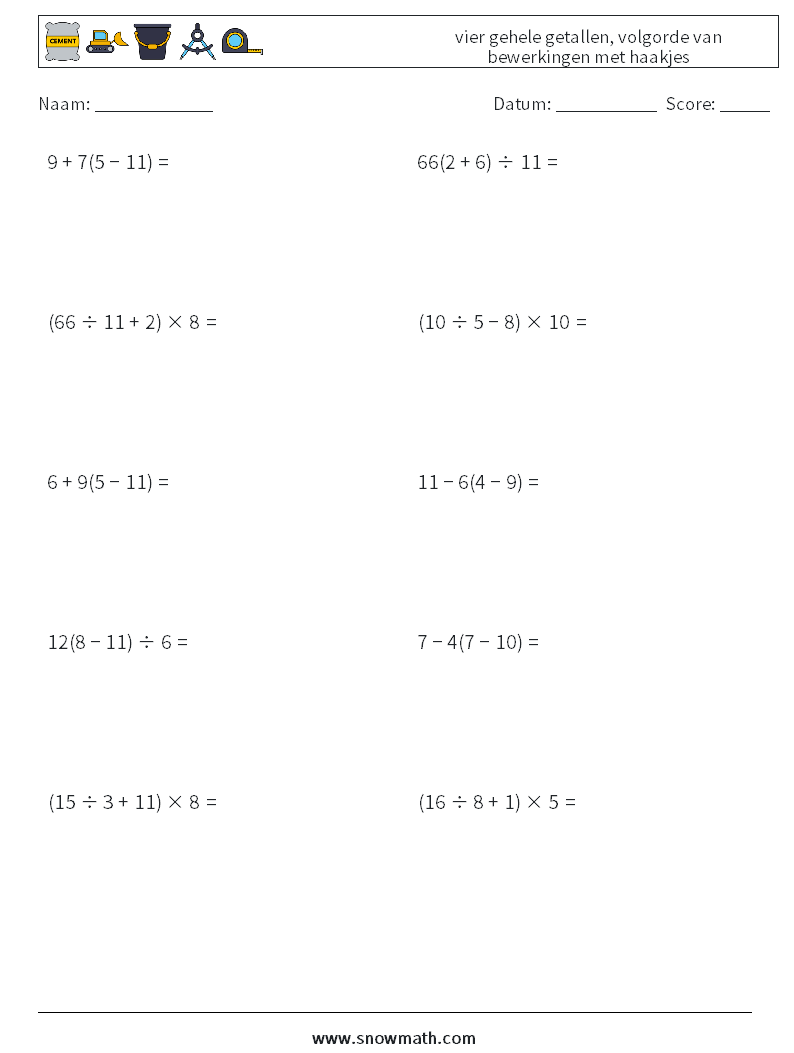 (10) vier gehele getallen, volgorde van bewerkingen met haakjes Wiskundige werkbladen 2