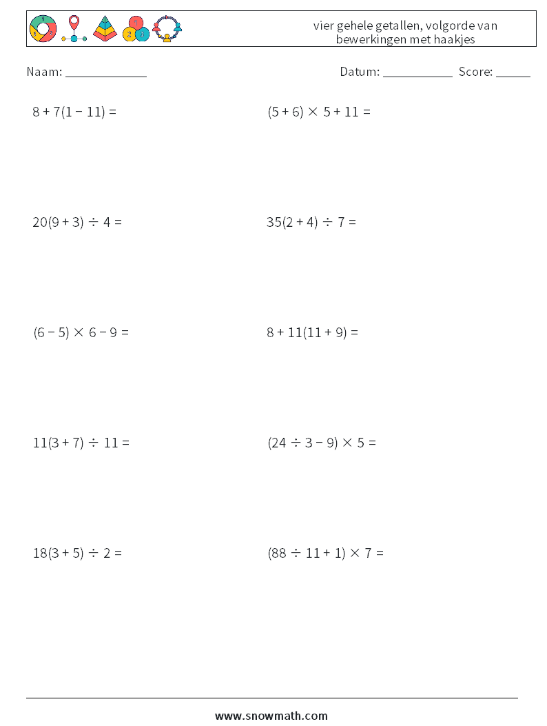 (10) vier gehele getallen, volgorde van bewerkingen met haakjes Wiskundige werkbladen 4