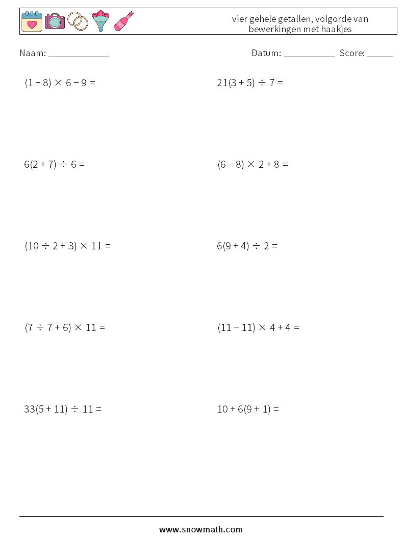 (10) vier gehele getallen, volgorde van bewerkingen met haakjes Wiskundige werkbladen 8