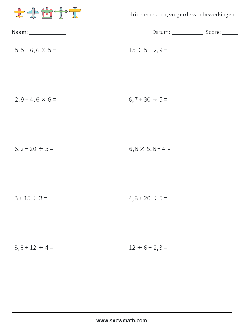 (10) drie decimalen, volgorde van bewerkingen Wiskundige werkbladen 10