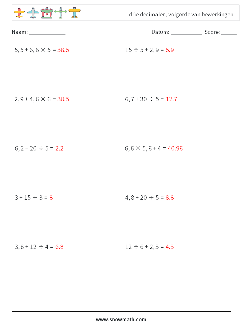 (10) drie decimalen, volgorde van bewerkingen Wiskundige werkbladen 10 Vraag, Antwoord