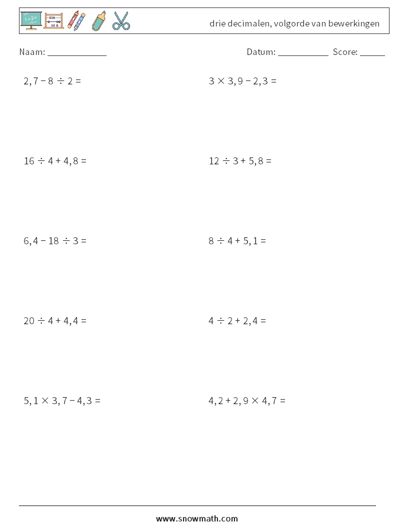 (10) drie decimalen, volgorde van bewerkingen Wiskundige werkbladen 11