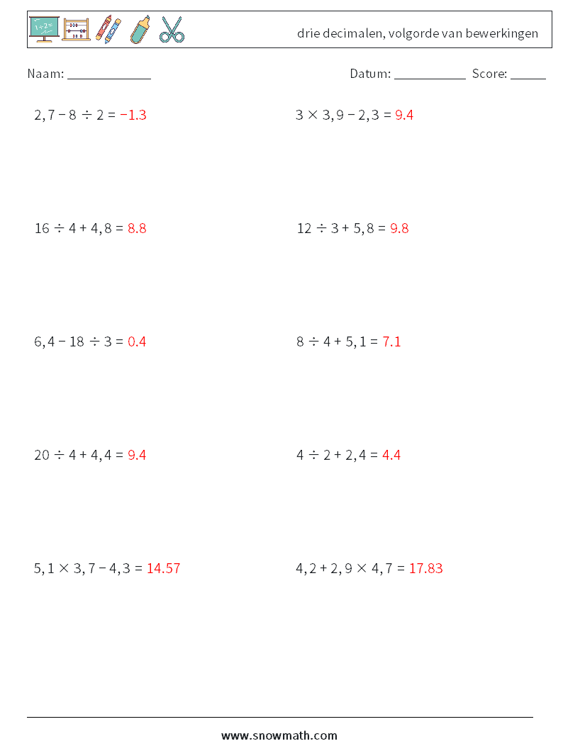 (10) drie decimalen, volgorde van bewerkingen Wiskundige werkbladen 11 Vraag, Antwoord