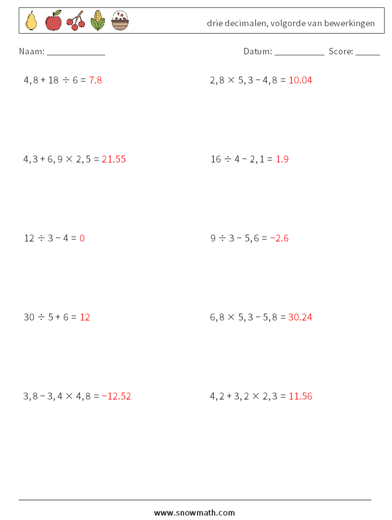 (10) drie decimalen, volgorde van bewerkingen Wiskundige werkbladen 12 Vraag, Antwoord