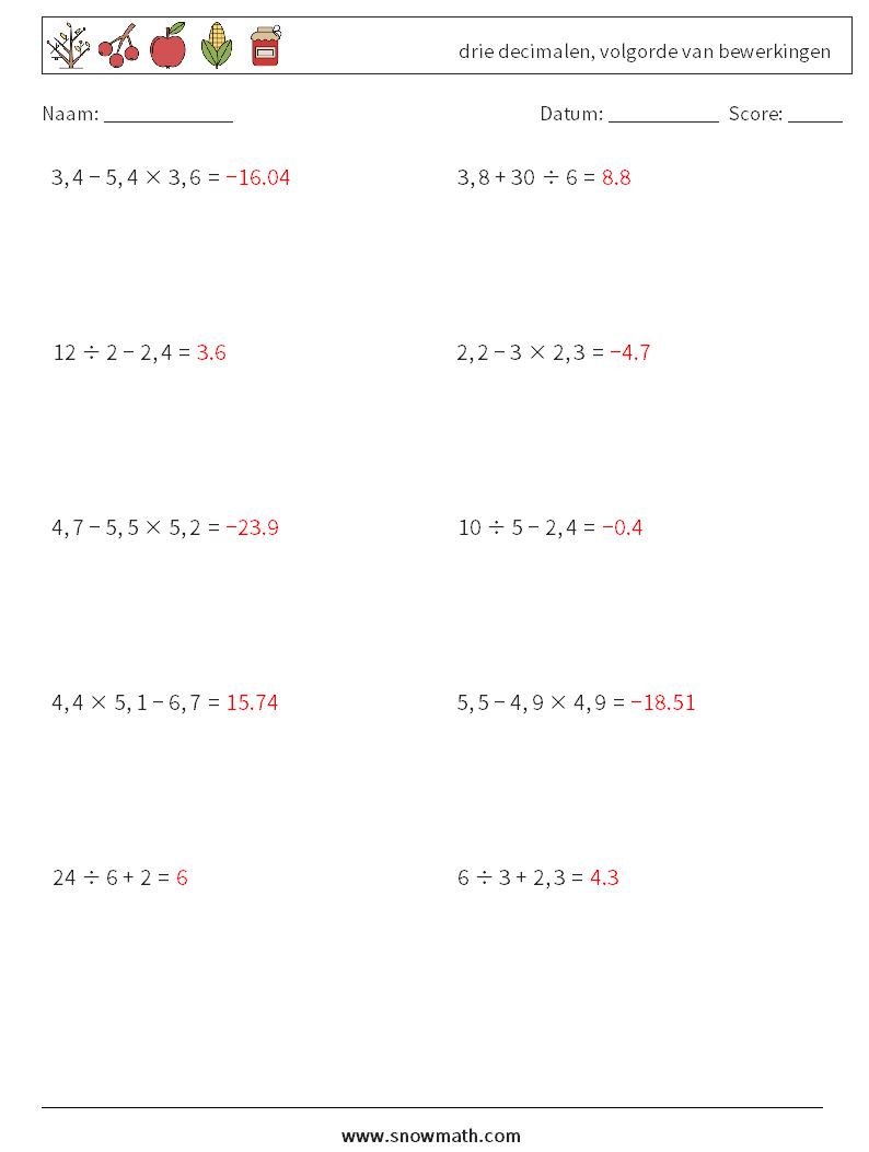 (10) drie decimalen, volgorde van bewerkingen Wiskundige werkbladen 13 Vraag, Antwoord