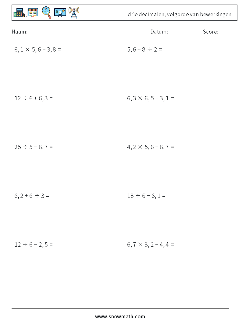 (10) drie decimalen, volgorde van bewerkingen Wiskundige werkbladen 15