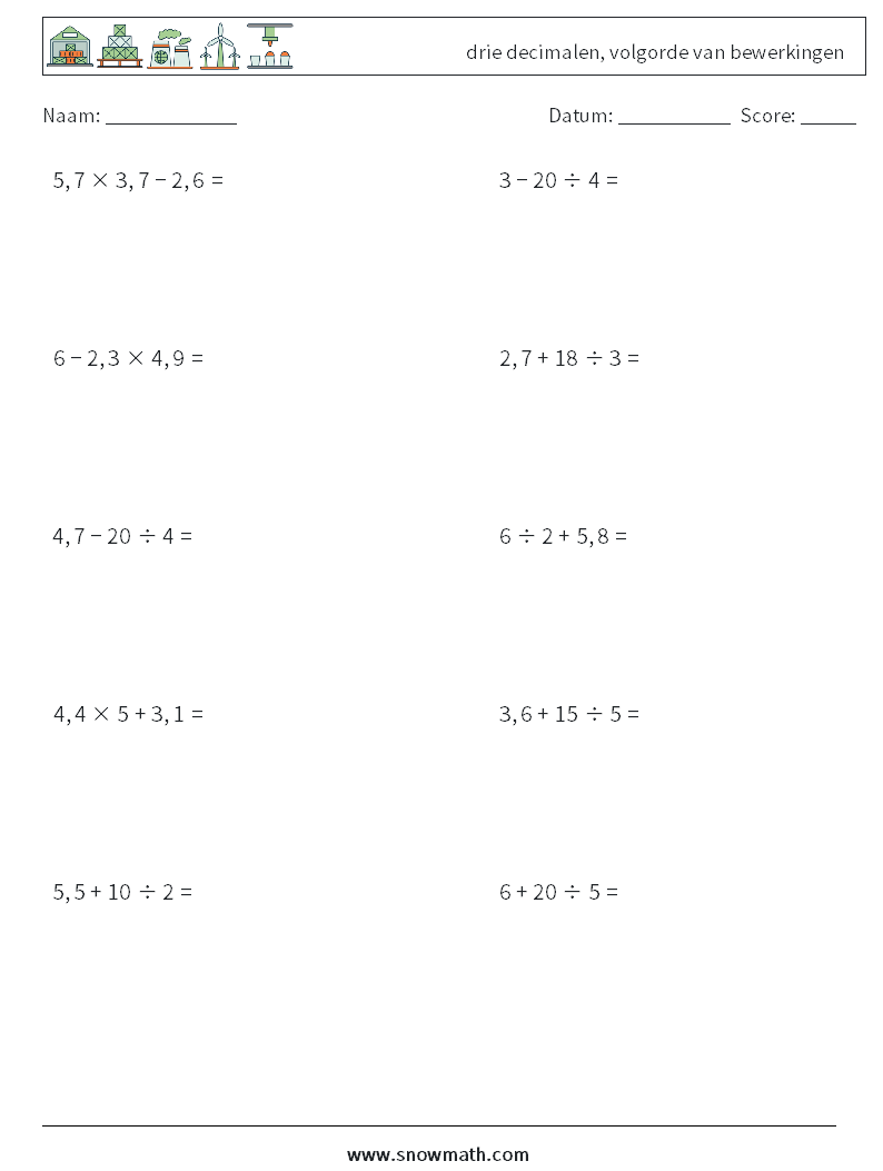 (10) drie decimalen, volgorde van bewerkingen Wiskundige werkbladen 16