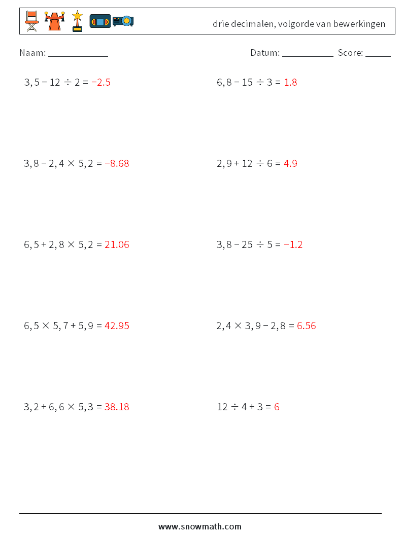 (10) drie decimalen, volgorde van bewerkingen Wiskundige werkbladen 17 Vraag, Antwoord