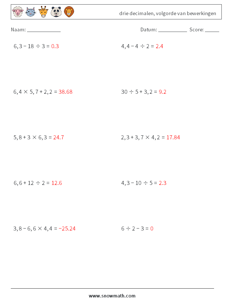 (10) drie decimalen, volgorde van bewerkingen Wiskundige werkbladen 18 Vraag, Antwoord