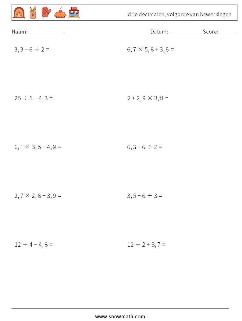 (10) drie decimalen, volgorde van bewerkingen Wiskundige werkbladen 3