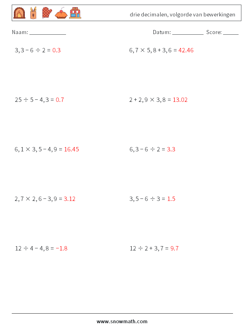(10) drie decimalen, volgorde van bewerkingen Wiskundige werkbladen 3 Vraag, Antwoord