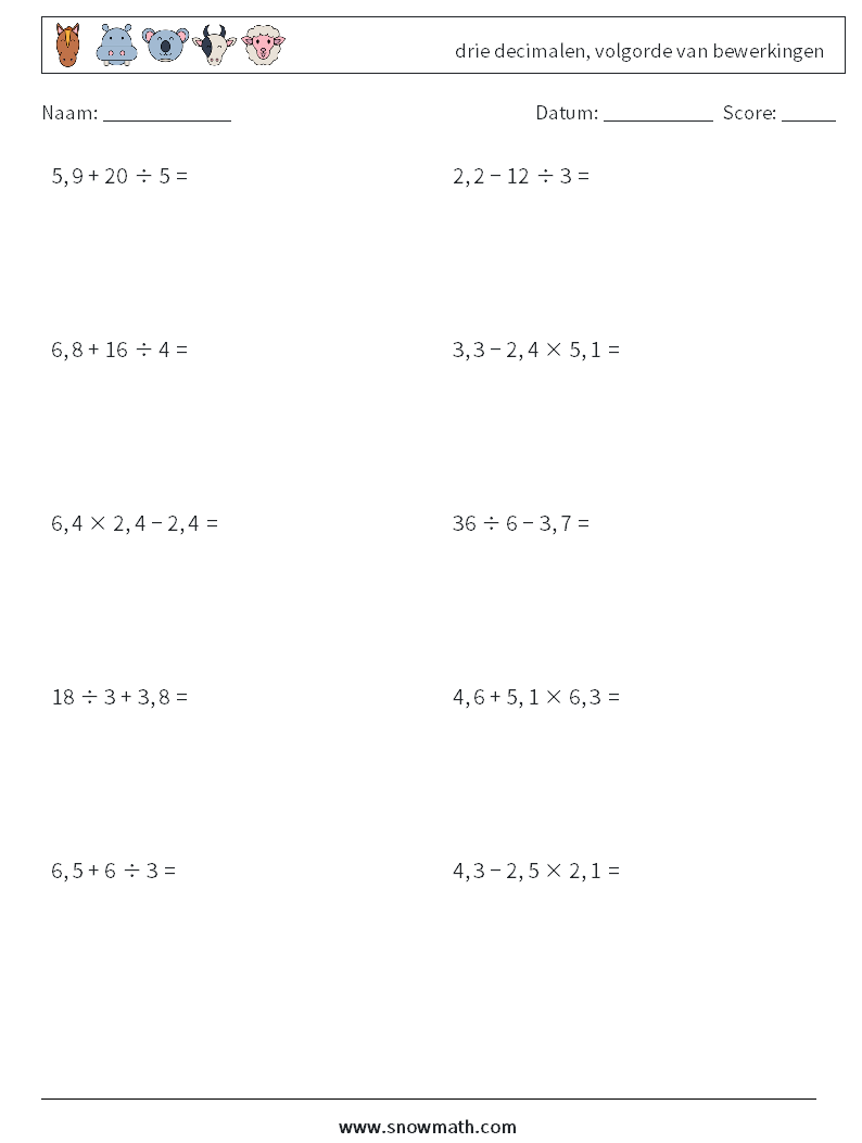 (10) drie decimalen, volgorde van bewerkingen Wiskundige werkbladen 5