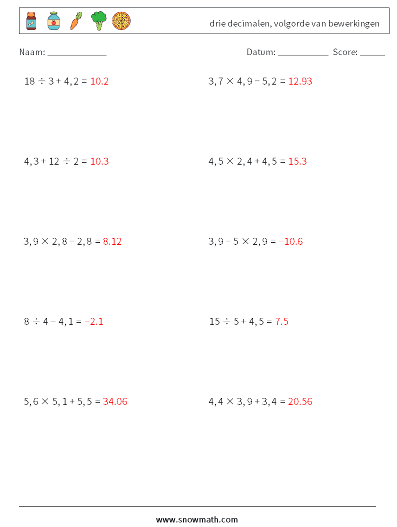 (10) drie decimalen, volgorde van bewerkingen Wiskundige werkbladen 6 Vraag, Antwoord