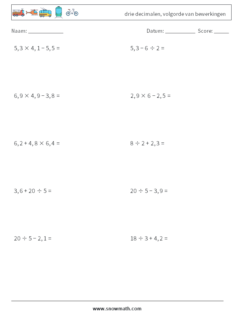 (10) drie decimalen, volgorde van bewerkingen Wiskundige werkbladen 8