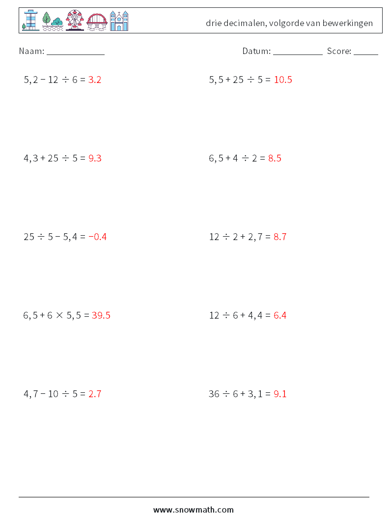 (10) drie decimalen, volgorde van bewerkingen Wiskundige werkbladen 9 Vraag, Antwoord