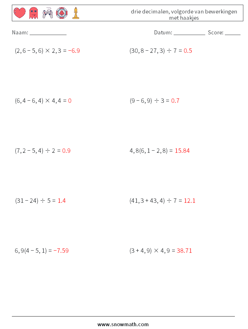 (10) drie decimalen, volgorde van bewerkingen met haakjes Wiskundige werkbladen 16 Vraag, Antwoord