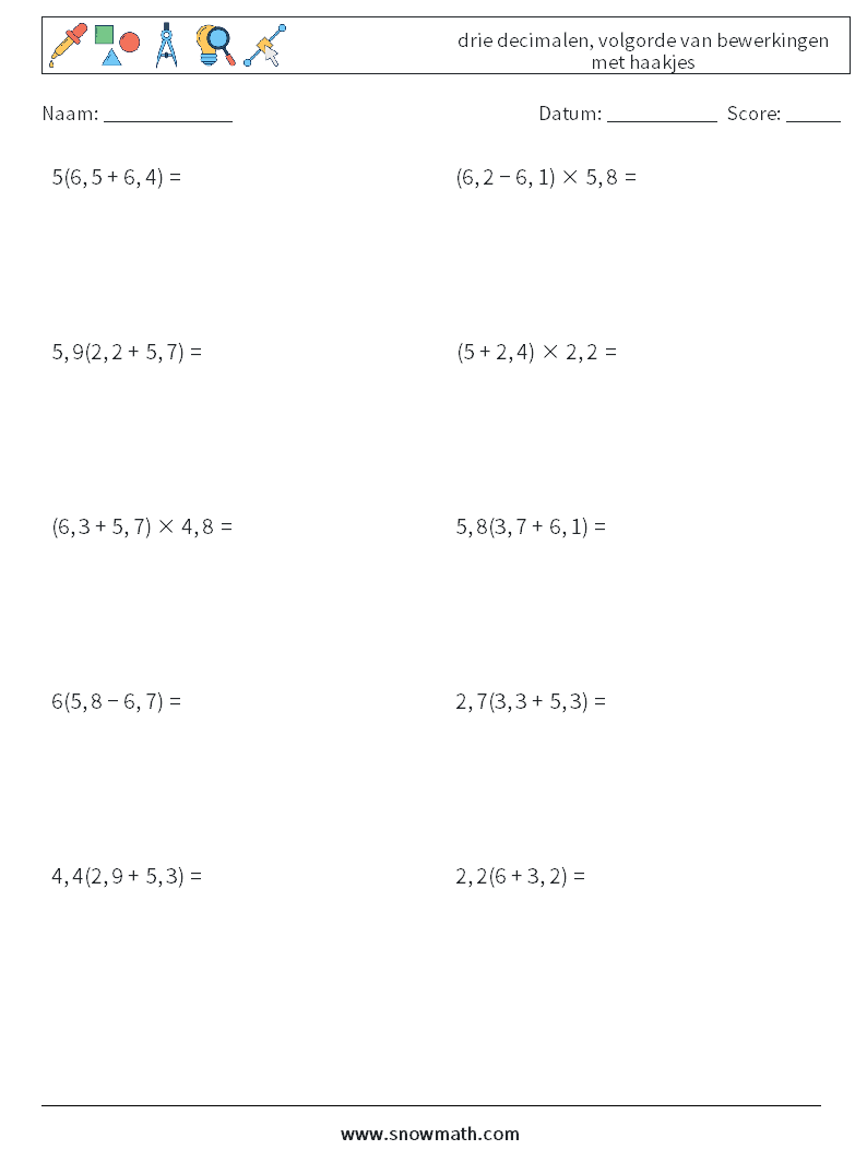 (10) drie decimalen, volgorde van bewerkingen met haakjes Wiskundige werkbladen 2