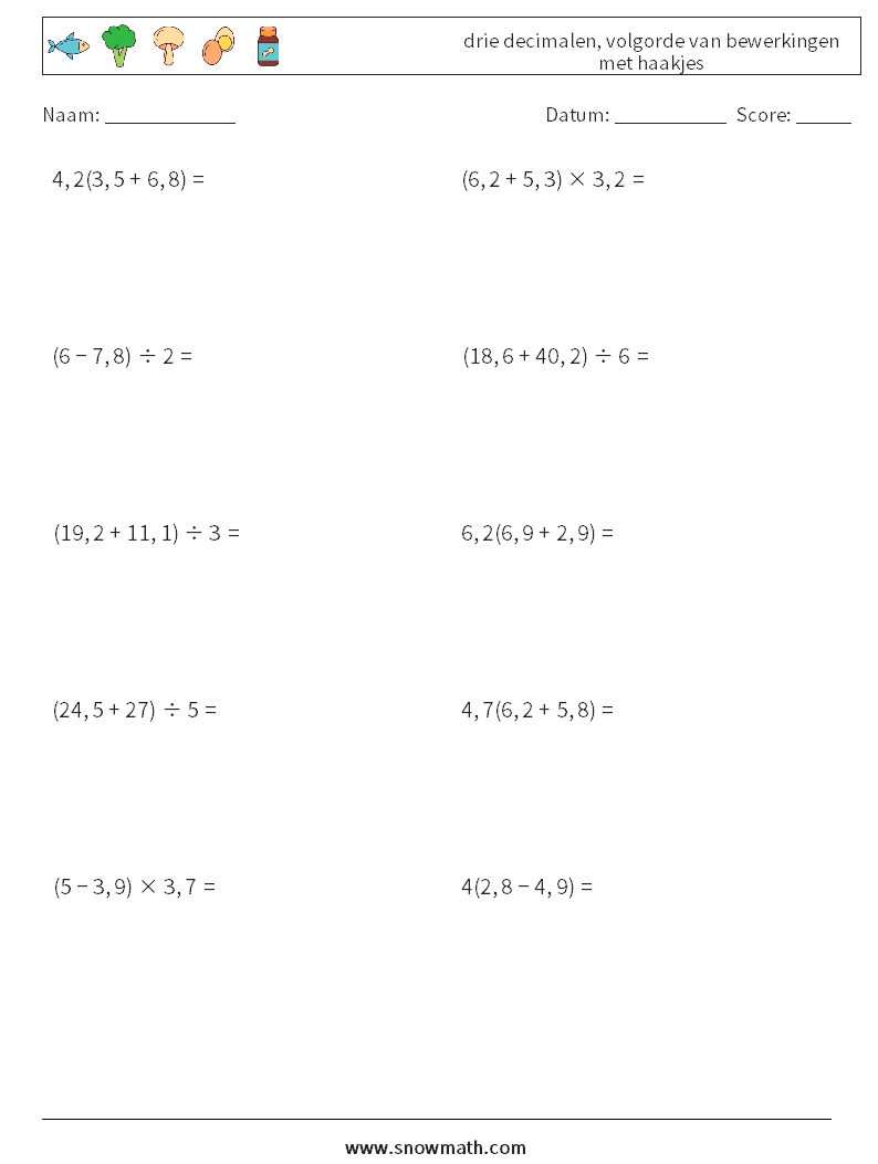 (10) drie decimalen, volgorde van bewerkingen met haakjes Wiskundige werkbladen 8