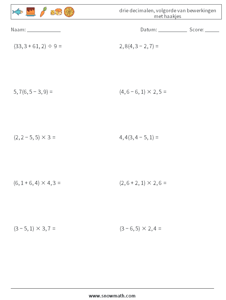 (10) drie decimalen, volgorde van bewerkingen met haakjes Wiskundige werkbladen 9