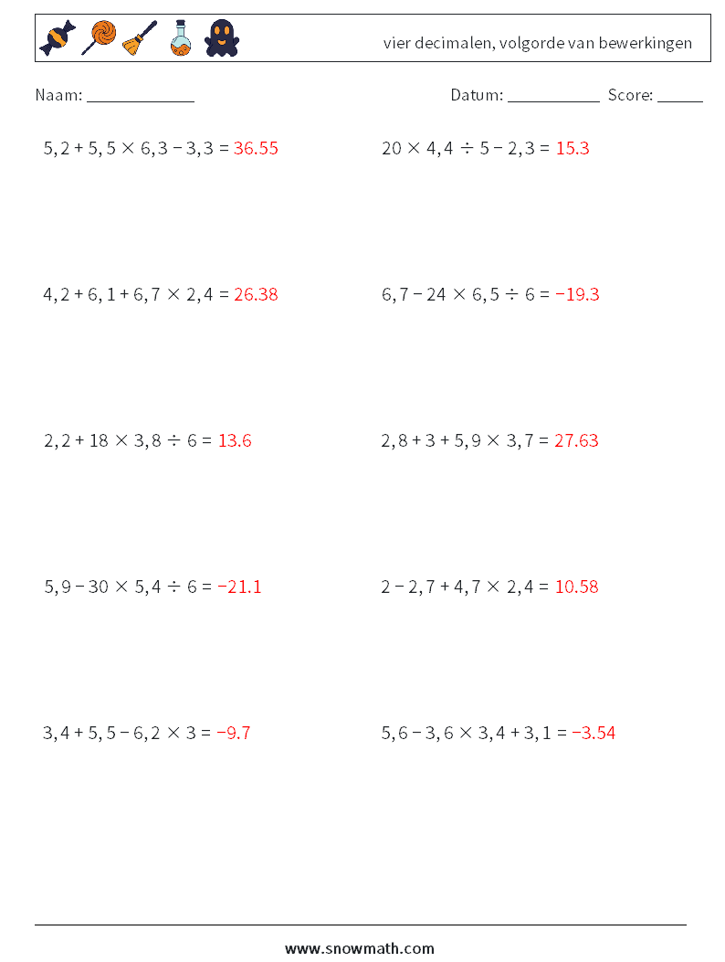 (10) vier decimalen, volgorde van bewerkingen Wiskundige werkbladen 10 Vraag, Antwoord