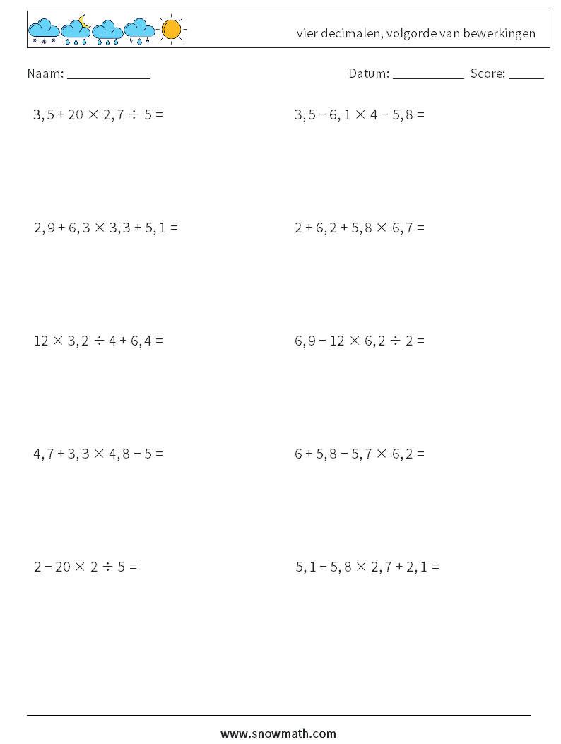 (10) vier decimalen, volgorde van bewerkingen Wiskundige werkbladen 15