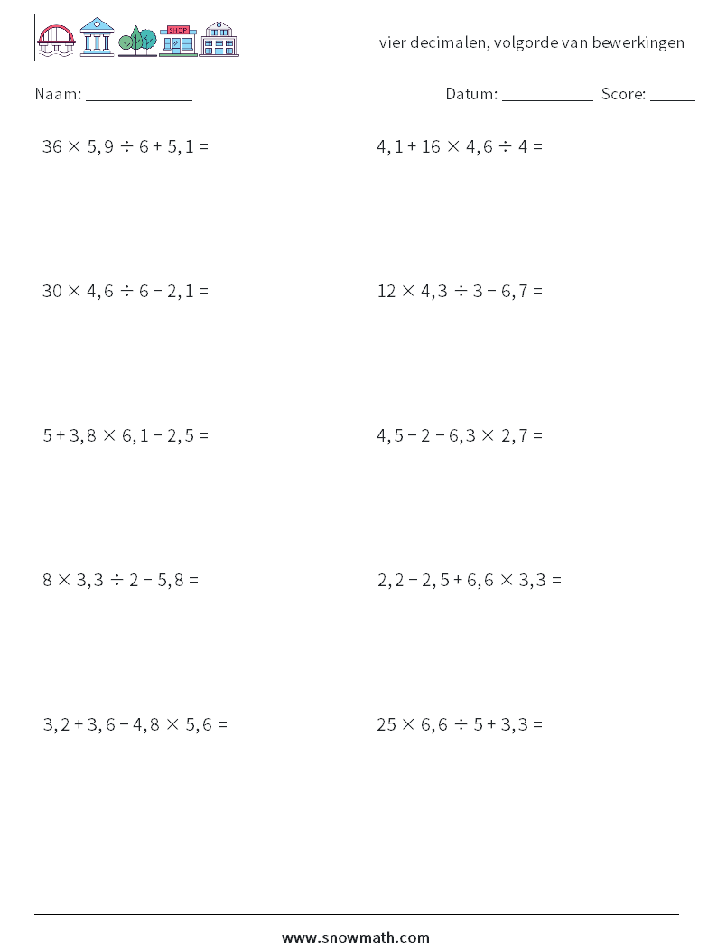 (10) vier decimalen, volgorde van bewerkingen Wiskundige werkbladen 16