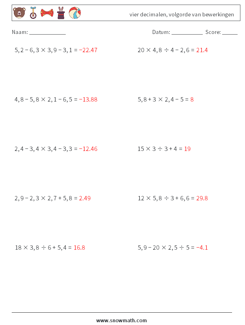 (10) vier decimalen, volgorde van bewerkingen Wiskundige werkbladen 1 Vraag, Antwoord