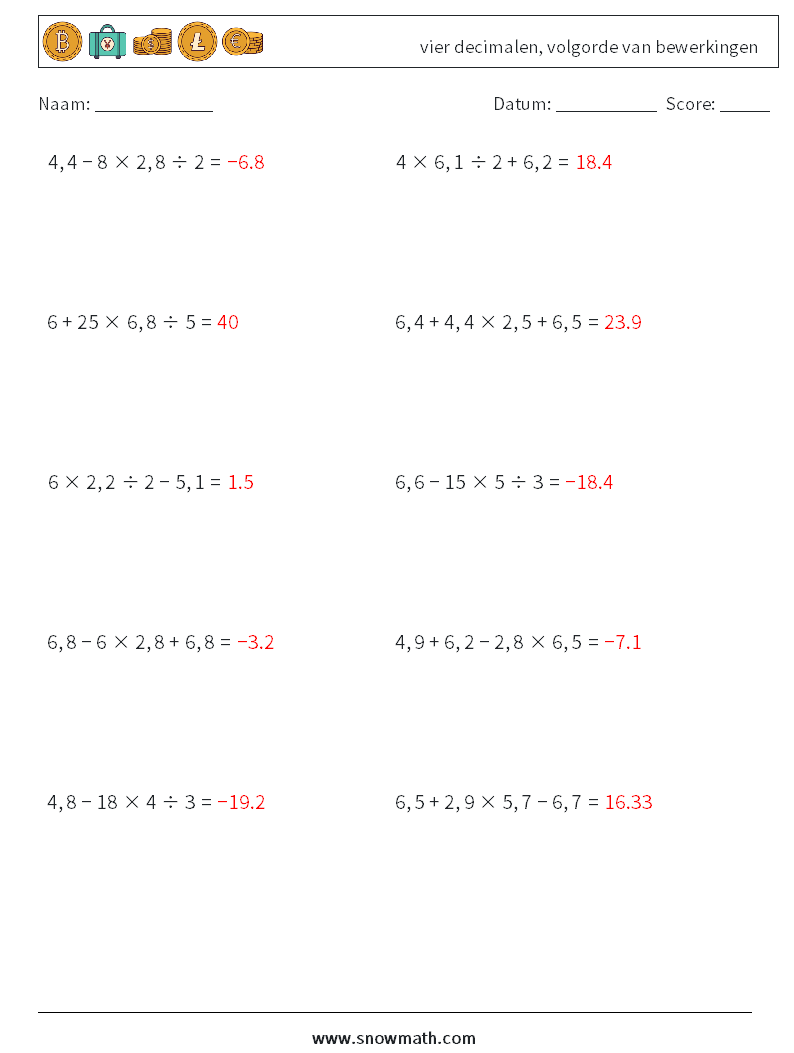 (10) vier decimalen, volgorde van bewerkingen Wiskundige werkbladen 2 Vraag, Antwoord