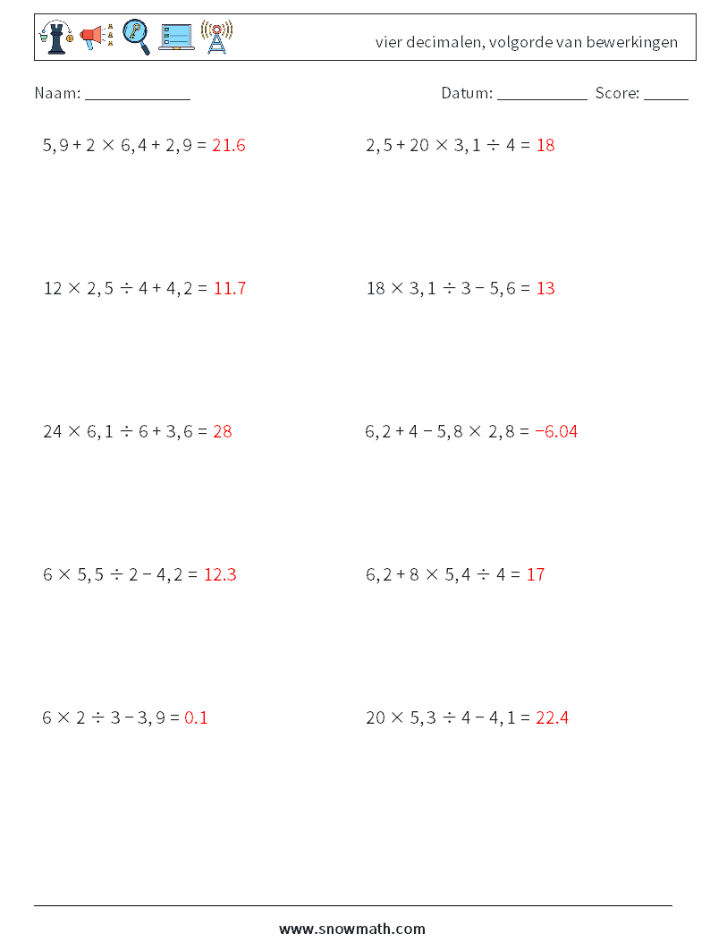(10) vier decimalen, volgorde van bewerkingen Wiskundige werkbladen 3 Vraag, Antwoord