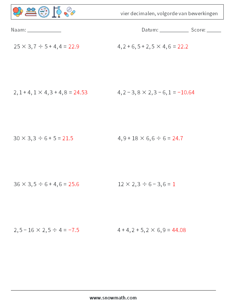 (10) vier decimalen, volgorde van bewerkingen Wiskundige werkbladen 4 Vraag, Antwoord