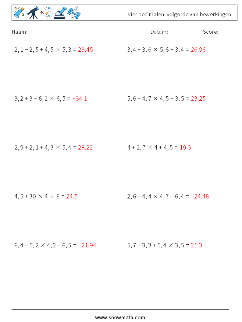 (10) vier decimalen, volgorde van bewerkingen Wiskundige werkbladen 5 Vraag, Antwoord