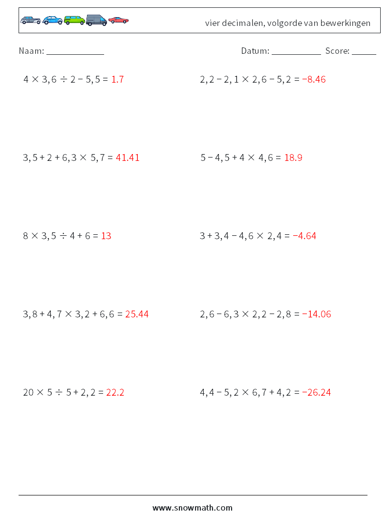 (10) vier decimalen, volgorde van bewerkingen Wiskundige werkbladen 6 Vraag, Antwoord