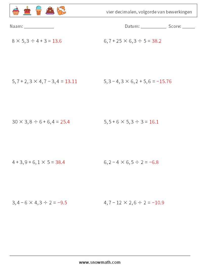(10) vier decimalen, volgorde van bewerkingen Wiskundige werkbladen 8 Vraag, Antwoord