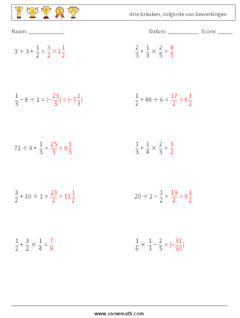 (10) drie breuken, volgorde van bewerkingen Wiskundige werkbladen 18 Vraag, Antwoord