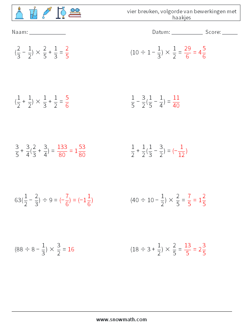 (10) vier breuken, volgorde van bewerkingen met haakjes Wiskundige werkbladen 12 Vraag, Antwoord