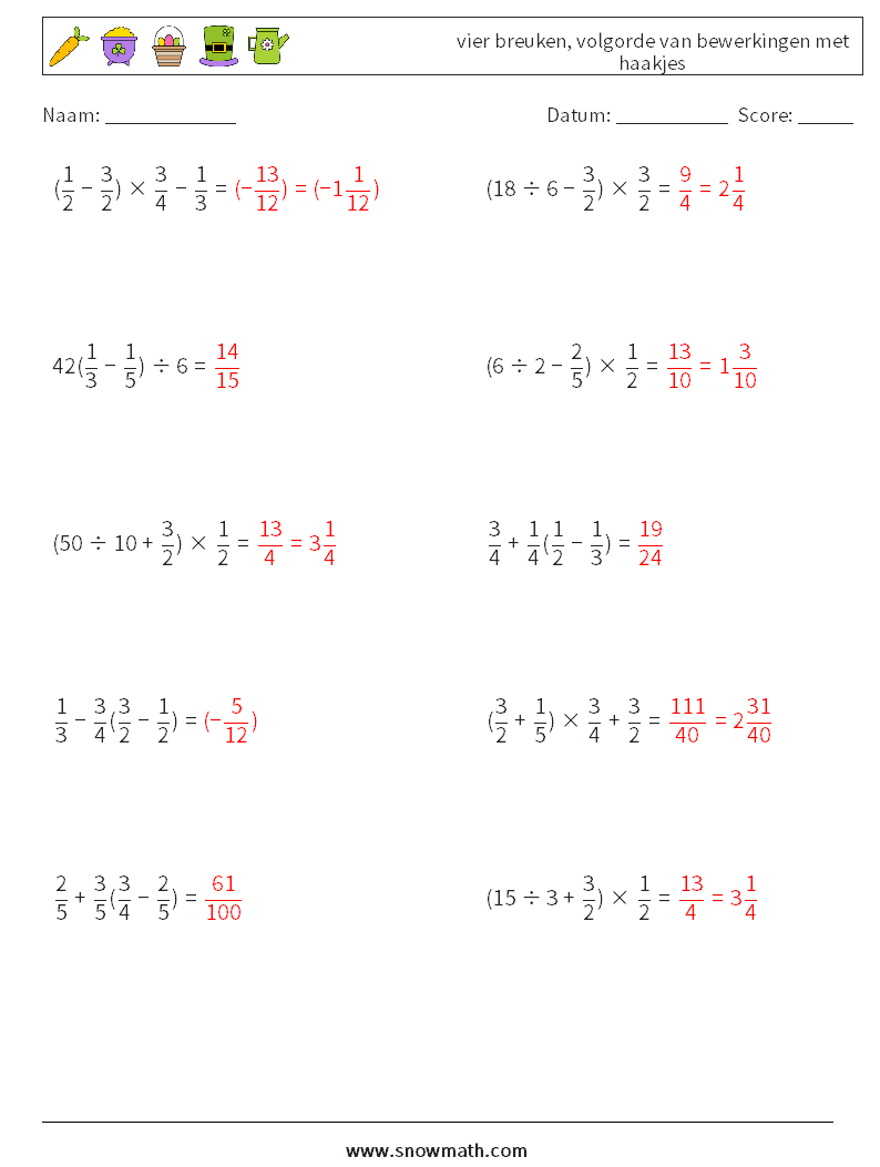 (10) vier breuken, volgorde van bewerkingen met haakjes Wiskundige werkbladen 18 Vraag, Antwoord